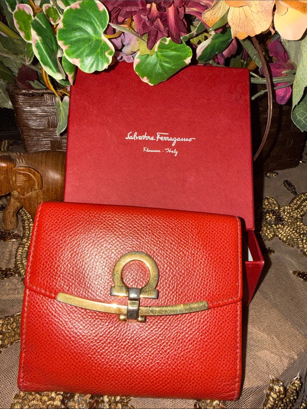 Salvatore Ferragamo ITALY with box Red Pebbled Leather Wallet with Gold-Tone
